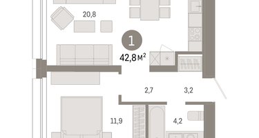 1-к. квартира, 42 м²