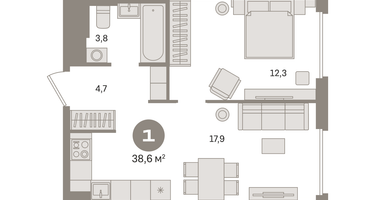 1-к. квартира, 38 м²