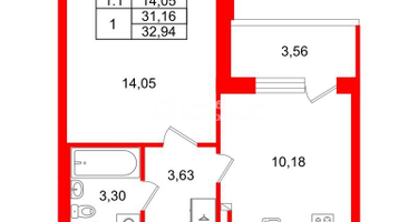 1-к. квартира, 31&nbsp;м²