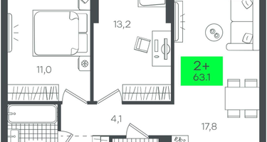 2-к. квартира, 63 м²