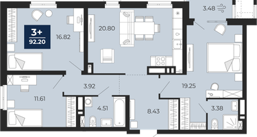 3-к. квартира, 88&nbsp;м²