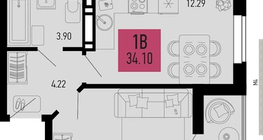 1-к. квартира, 34&nbsp;м²