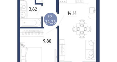 1-к. квартира, 34&nbsp;м²