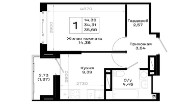 1-к. квартира, 35 м²