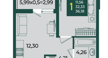 1-к. квартира, 36&nbsp;м²