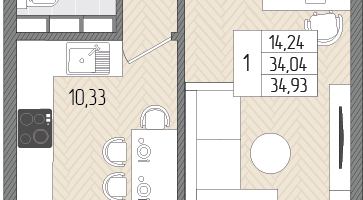 1-к. квартира, 34&nbsp;м²