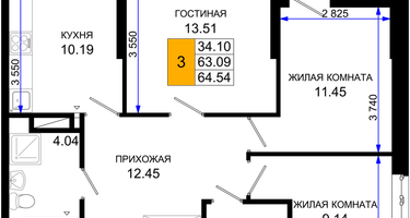 3-к. квартира, 64&nbsp;м²