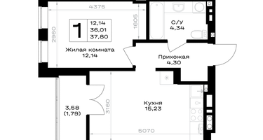 1-к. квартира, 37&nbsp;м²