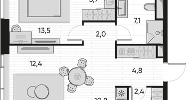 2-к. квартира, 56&nbsp;м²