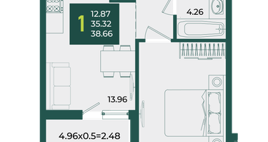 1-к. квартира, 38&nbsp;м²