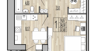 1-к. квартира, 37&nbsp;м²