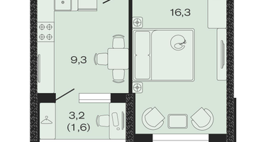 1-к. квартира, 38&nbsp;м²