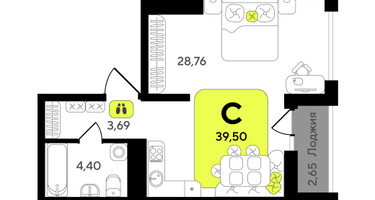 Студия, 39 м²