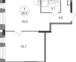1-к. квартира, 38&nbsp;м²