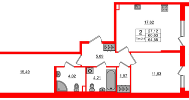 2-к. квартира, 60&nbsp;м²