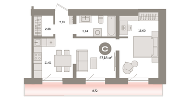 1-к. квартира, 57&nbsp;м²