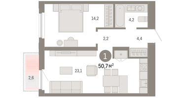 1-к. квартира, 50&nbsp;м²
