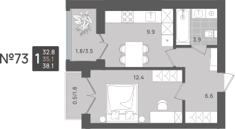 1-к. квартира, 35 м²