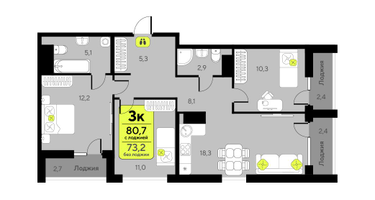 3-к. квартира, 73&nbsp;м²