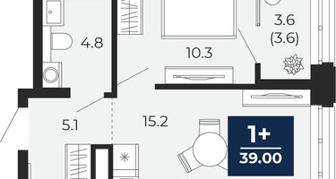 1-к. квартира, 39&nbsp;м²