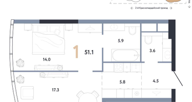 1-к. квартира, 51 м²