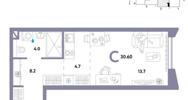 1-к. квартира, 30 м²