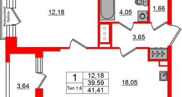 1-к. квартира, 39&nbsp;м²