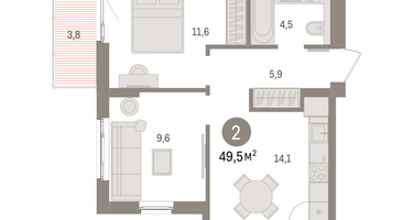 1-к. квартира, 49&nbsp;м²