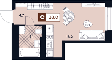 Студия, 28 м²