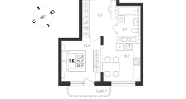 2-к. квартира, 34&nbsp;м²