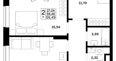 2-к. квартира, 59&nbsp;м²