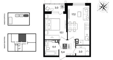 1-к. квартира, 44&nbsp;м²