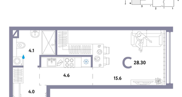 1-к. квартира, 28&nbsp;м²