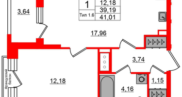 1-к. квартира, 39&nbsp;м²