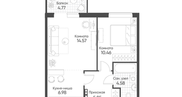 2-к. квартира, 43&nbsp;м²