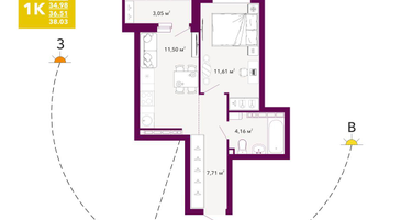 1-к. квартира, 36 м²