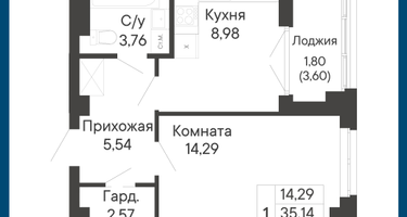 1-к. квартира, 36&nbsp;м²