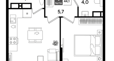 1-к. квартира, 44&nbsp;м²