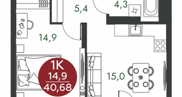 1-к. квартира, 40 м²