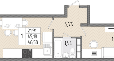 1-к. квартира, 46&nbsp;м²