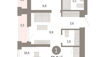 1-к. квартира, 55&nbsp;м²