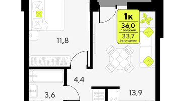 1-к. квартира, 36 м²
