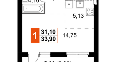 1-к. квартира, 33&nbsp;м²