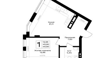 1-к. квартира, 45 м²