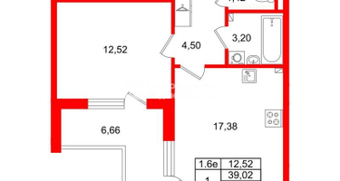 1-к. квартира, 39&nbsp;м²