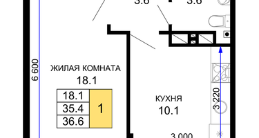 1-к. квартира, 37&nbsp;м²