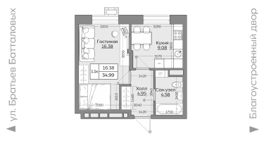 1-к. квартира, 34 м²