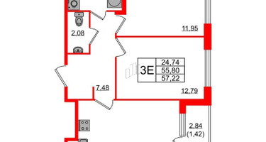 2-к. квартира, 57&nbsp;м²
