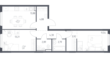 2-к. квартира, 57&nbsp;м²