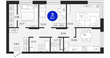 3-к. квартира, 86 м²